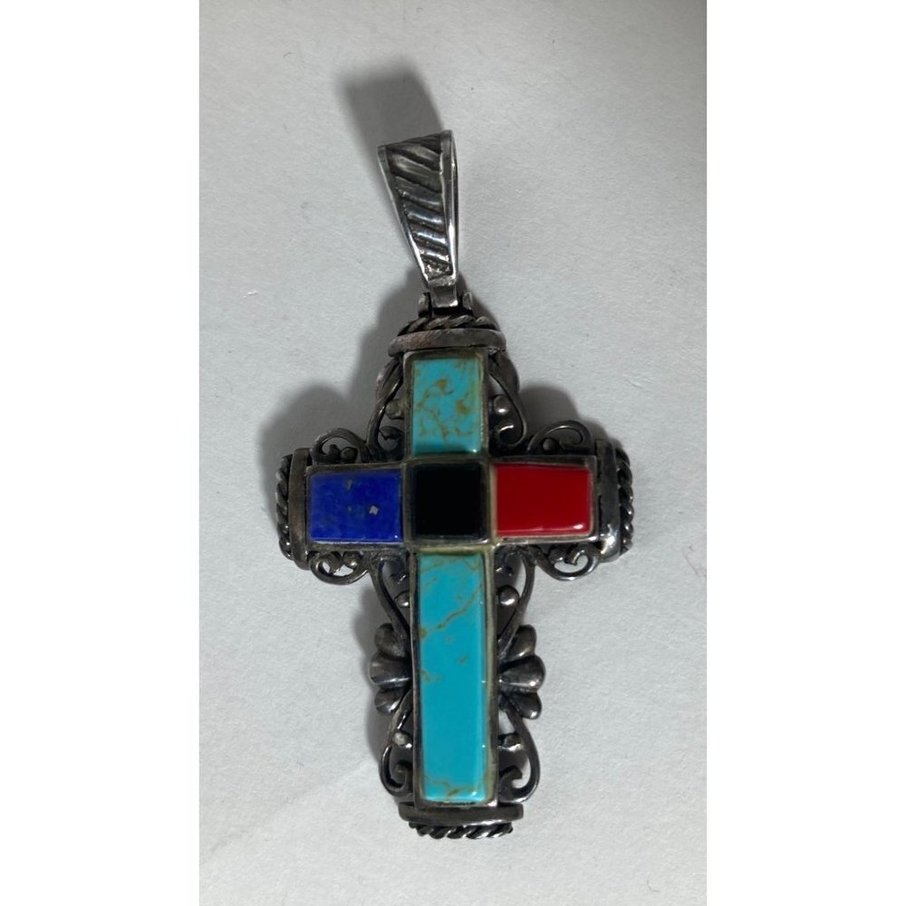 Sterling Silver Cross Pendant Multicolored Stones 1.125‎ x 2.125"
